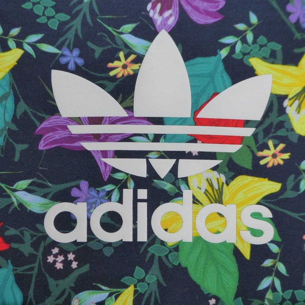 Adidas Sweatshirt Hood Floral Crop Trefoil Navy Ribbed Knit Cuffs Waistband XS - Picture 6 of 9